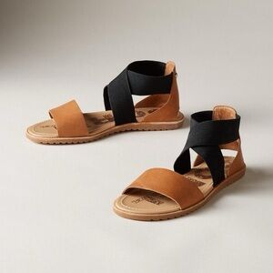 Sorel Ella Sandals Black Camel Leather Stretch Strap Flat Sandals - 8